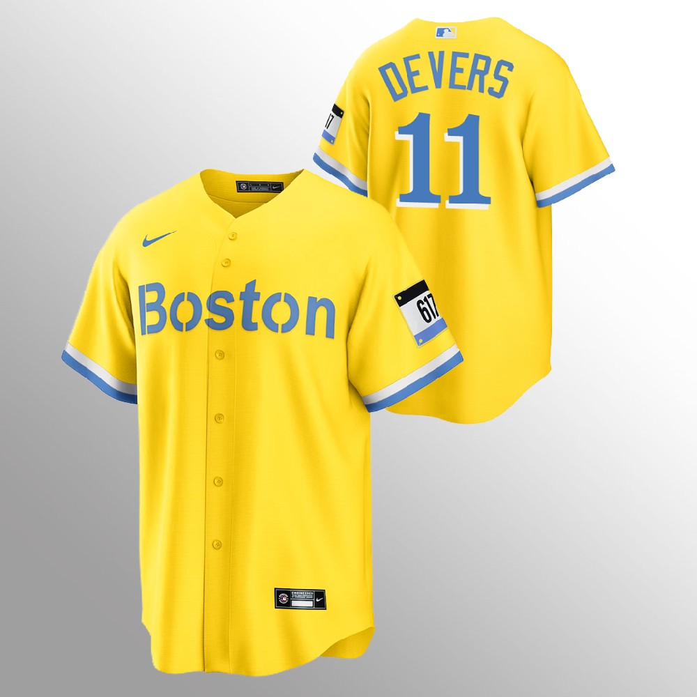 Personalized Boston Red Sox #11 Rafael Devers Men’s 2021 City Connect Gold Fans Version MLB Jersey
