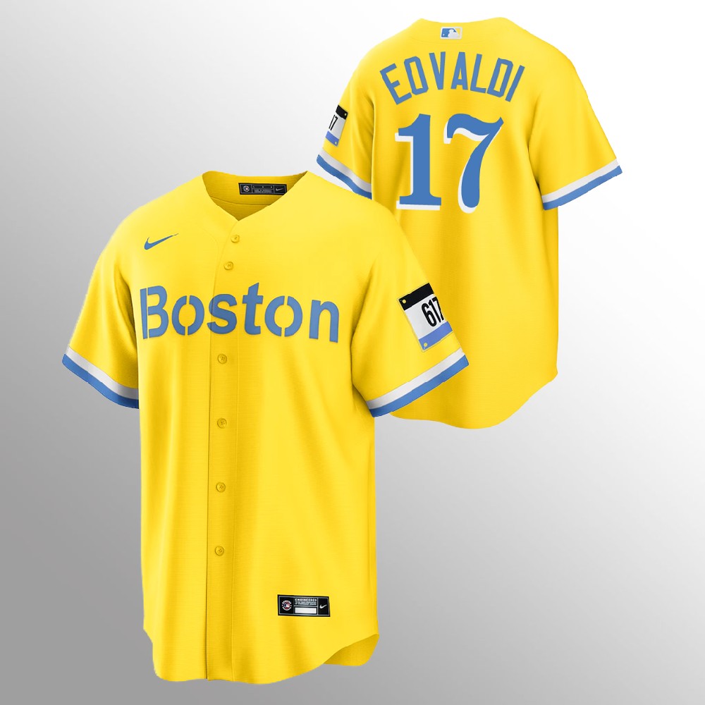Personalized Boston Red Sox #17 Nathan Eovaldi Men’s 2021 City Connect Gold Fans Version MLB Jersey
