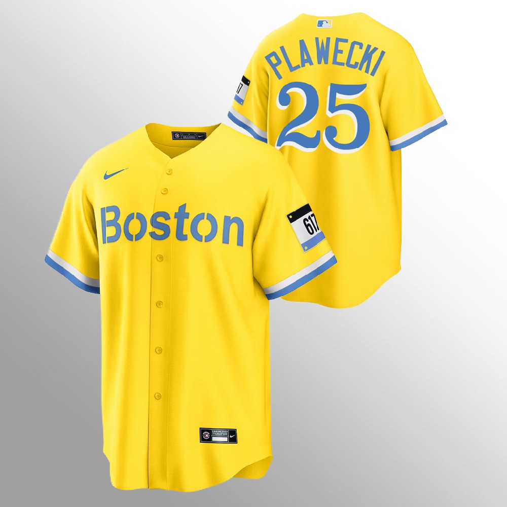 Personalized Boston Red Sox #25 Kevin Plawecki Men’s 2021 City Connect Gold Fans Version MLB Jersey