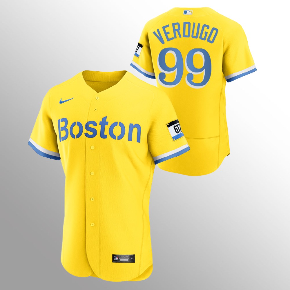 Personalized Boston Red Sox #99 Alex Verdugo Men’s 2021 City Connect Gold Authentic MLB Jersey – No Name