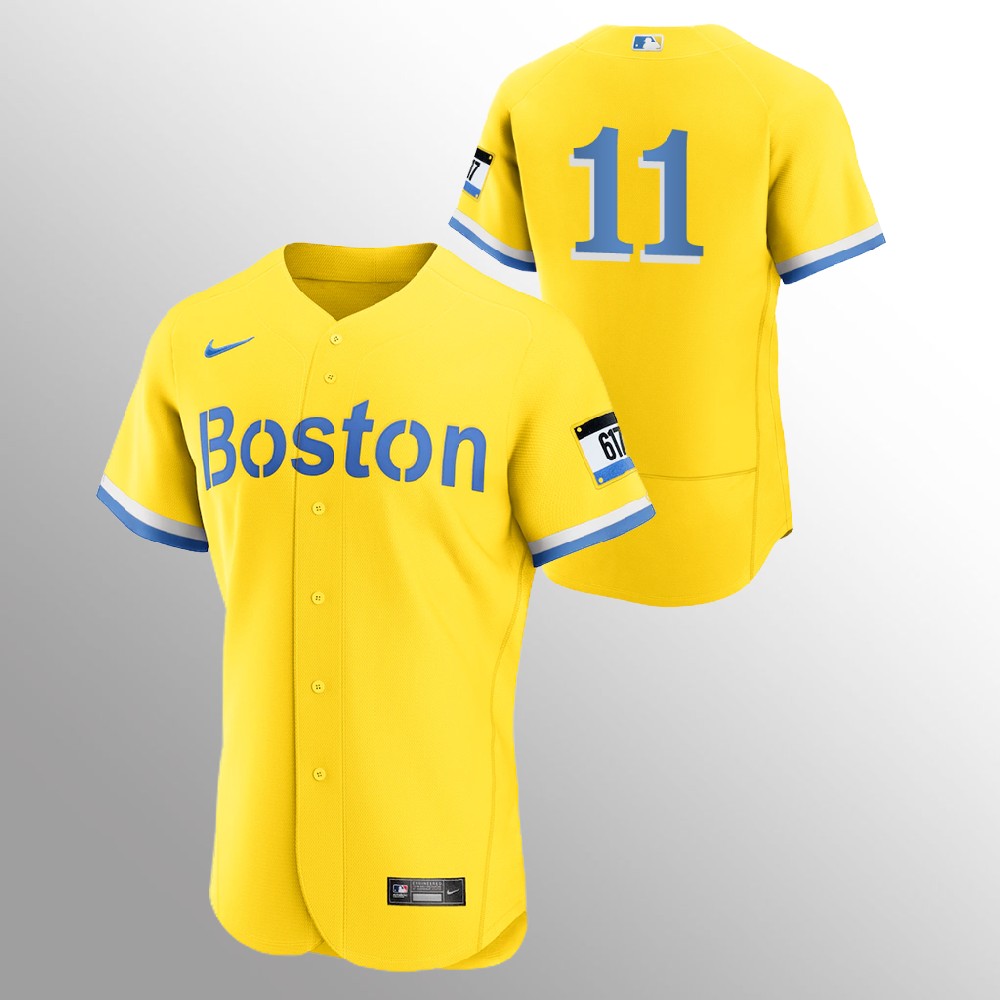 Personalized Boston Red Sox #11 Rafael Devers Men’s 2021 City Connect Gold Authentic MLB Jersey – No Name