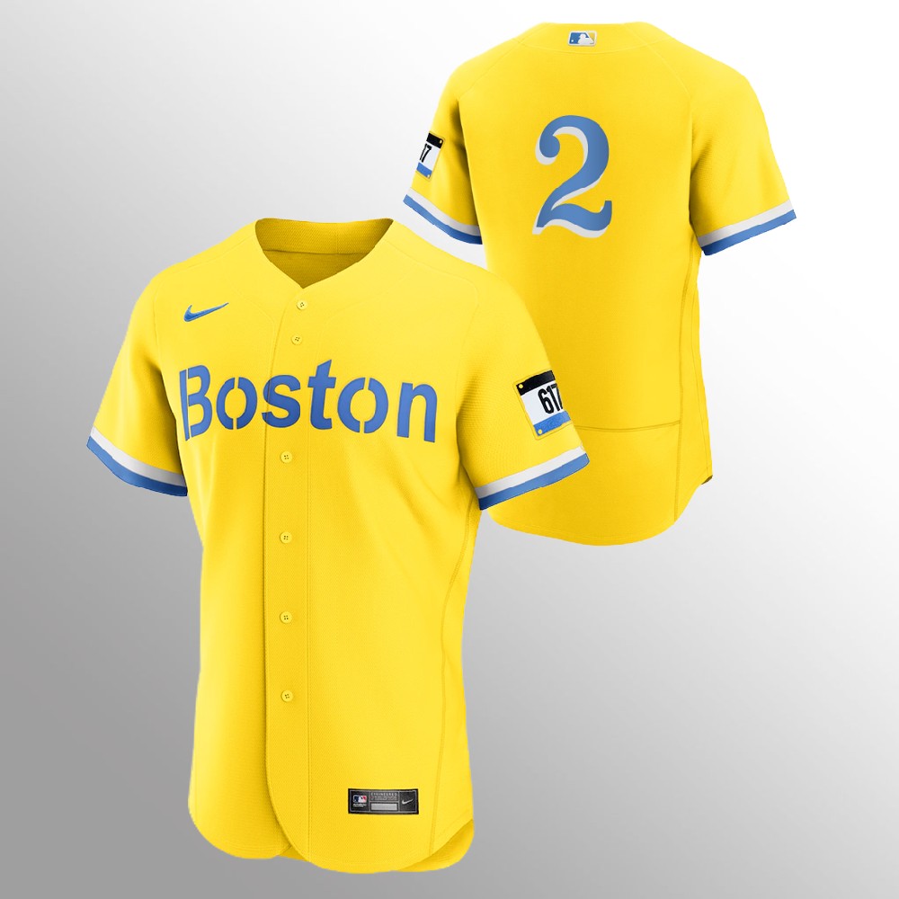 Personalized Boston Red Sox #2 Xander Bogaerts Men’s 2021 City Connect Gold Authentic MLB Jersey – No Name