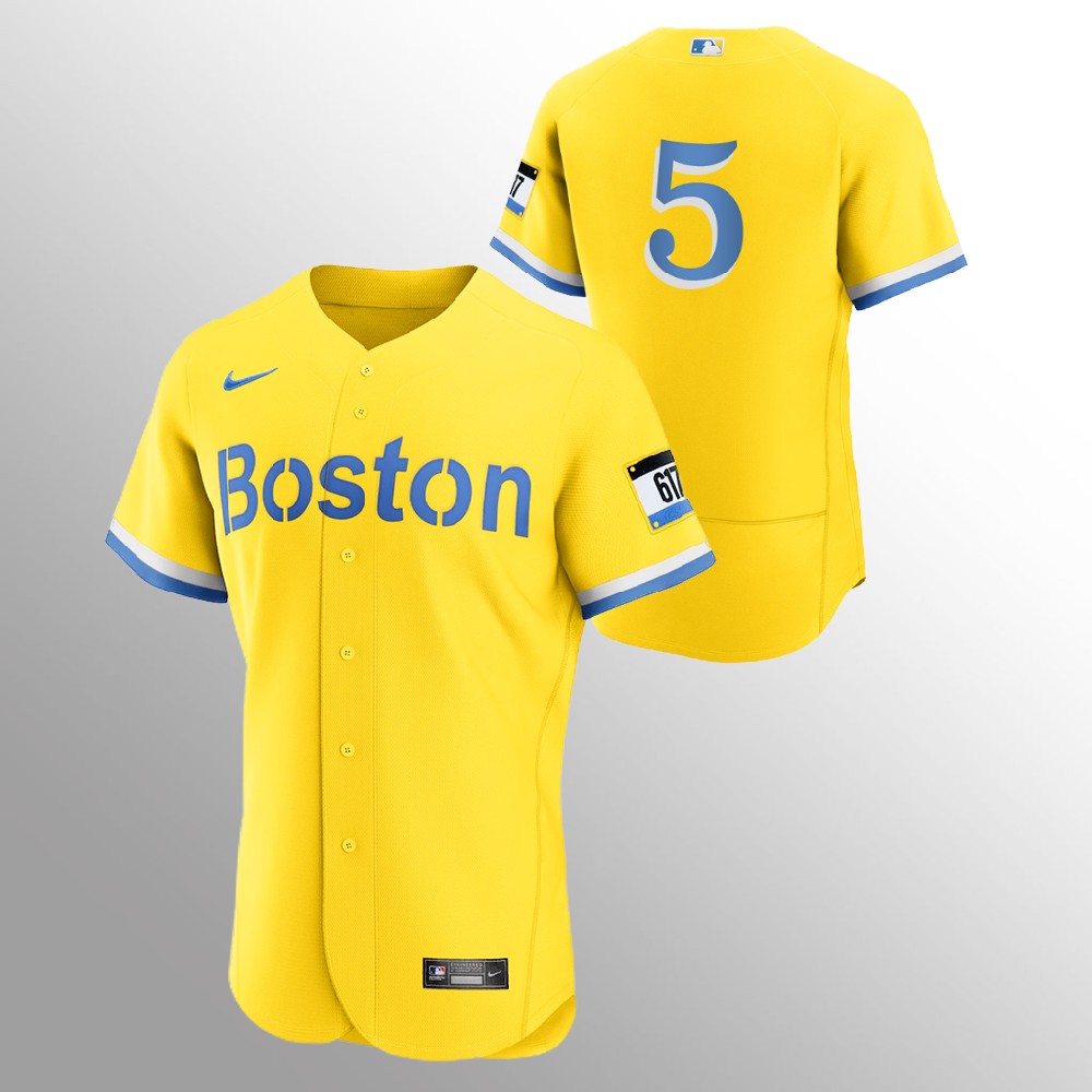 Personalized Boston Red Sox #5 Enrique Hernandez Men’s 2021 City Connect Gold Authentic MLB Jersey – No Name