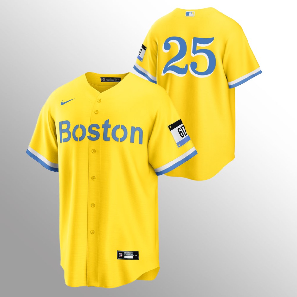 Personalized Boston Red Sox #25 Kevin Plawecki Men’s 2021 City Connect Gold Fans Version MLB Jersey – No Name