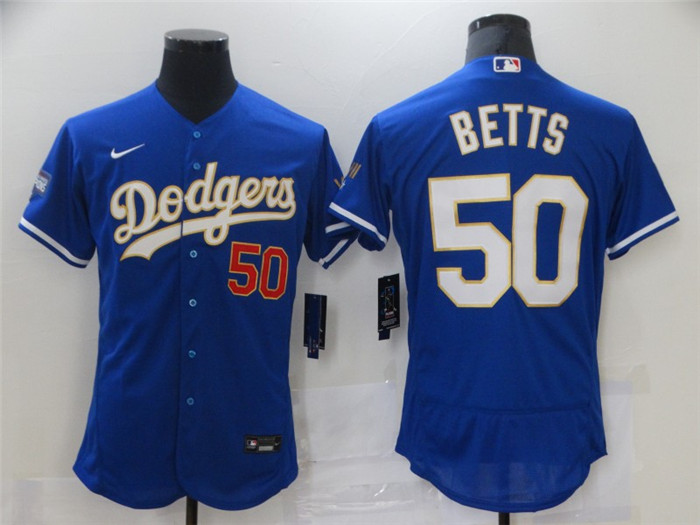 Personalized Dodgers 50 Mookie Betts Royal 2021 Gold Program Flexbase Jersey