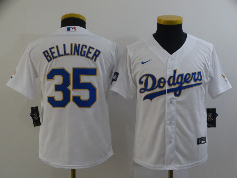 Personalized Youth Dodgers 35 Cody Bellinger White Youth 2021 Gold Program Cool Base Jersey