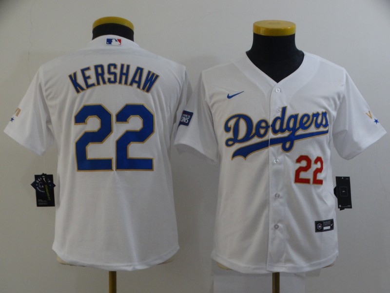 Personalized Youth Dodgers 22 Clayton Kershaw White Youth 2021 Gold Program Cool Base Jersey