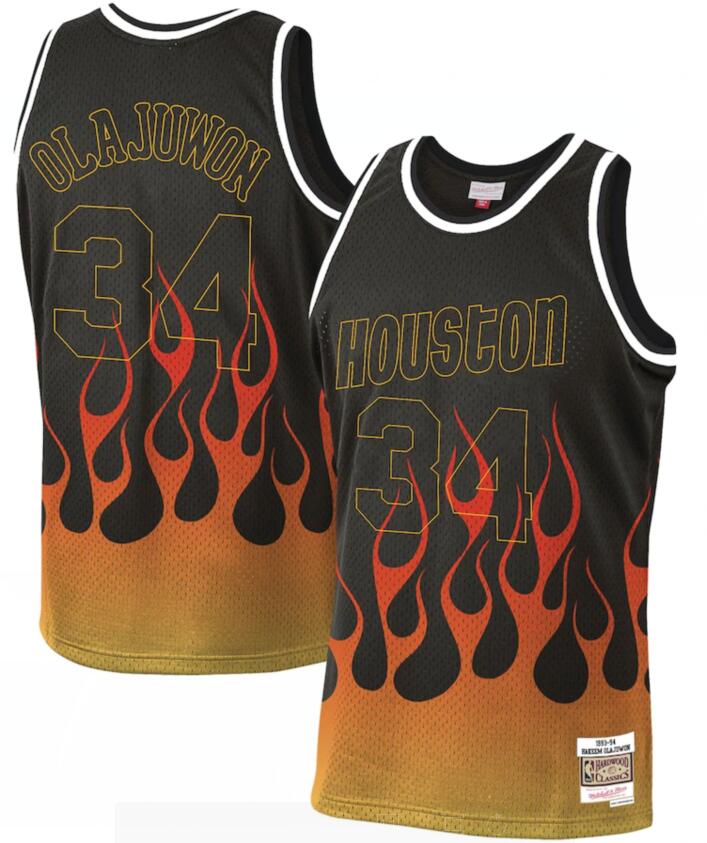 Personalized Rockets 34 Hakeem Olajuwon Black 1993-94 Hardwood Classics Flames Swingman Jersey