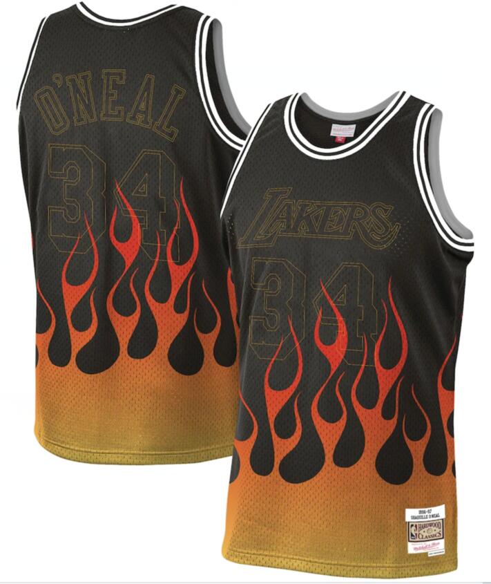 Personalized Lakers 34 Shaquille O’Neal Black 1996-97 Hardwood Classics Flames Swingman Jersey