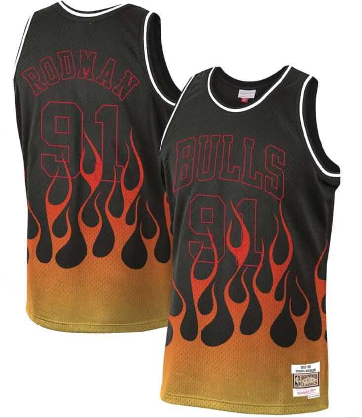 Personalized Bulls 91 Dennis Rodman Black 1997-98 Hardwood Classics Flames Swingman Jersey