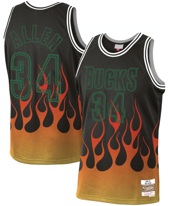 Personalized Bucks 34 Ray Allen Black 1996-97 Hardwood Classics Flames Swingman Jersey