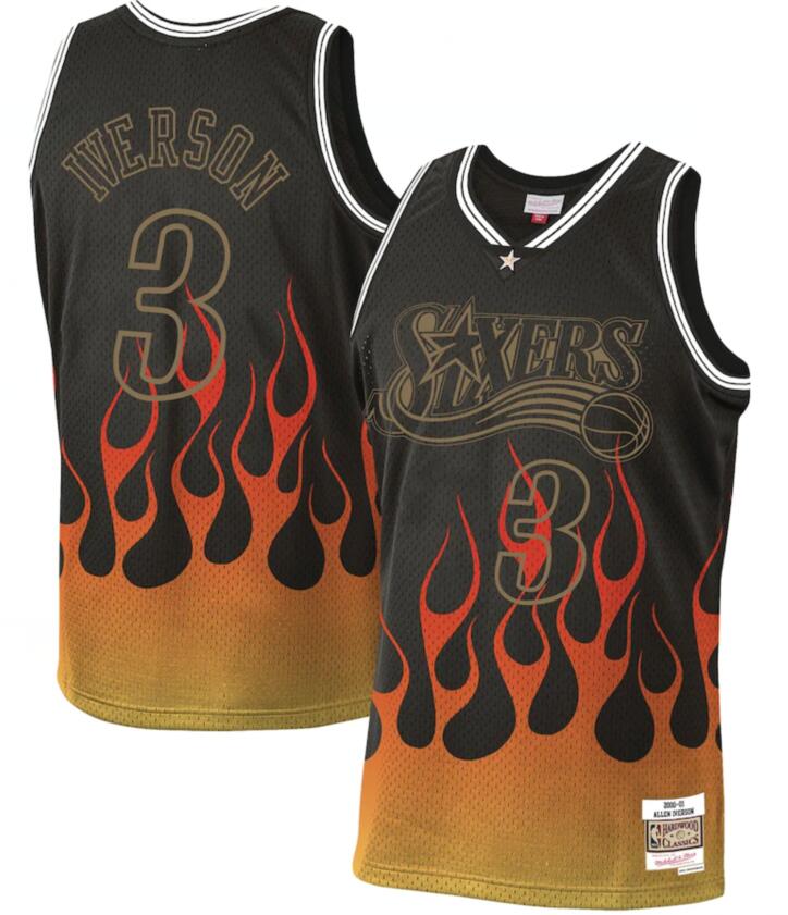 Personalized 76ers 3 Allen Iverson Black 2000-01 Hardwood Classics Flames Swingman Jersey