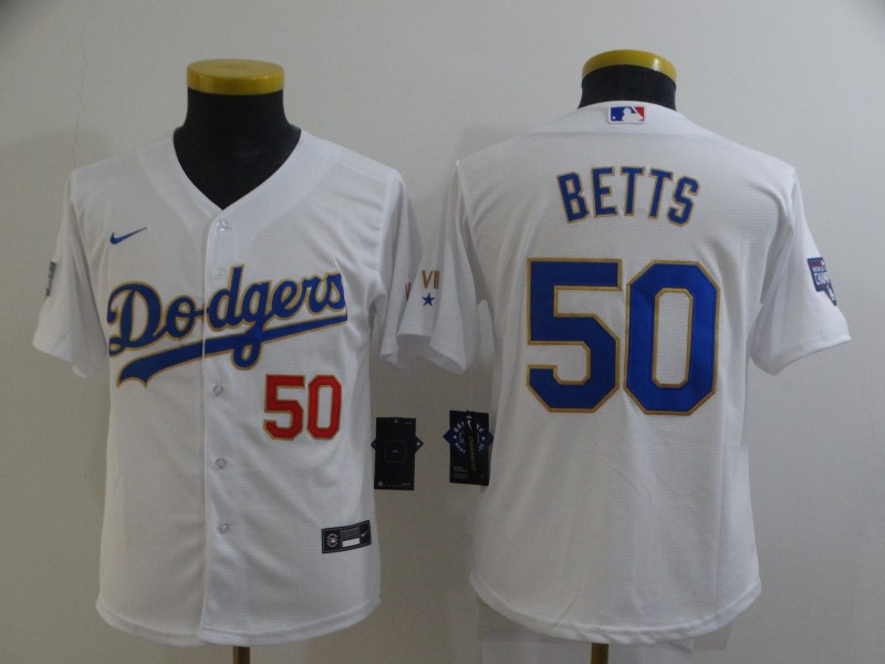 Personalized Youth Los Angeles Dodgers #50 Mookie Betts White Gold 2021 Gold Program Player Jersey