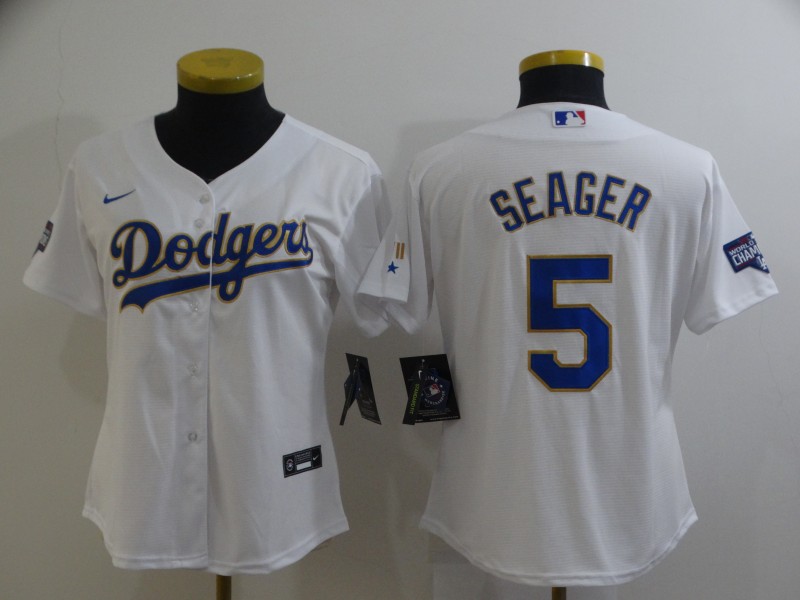 Personalized Women’s Dodgers #5 Corey Seager White 2021 Gold Program Jersey