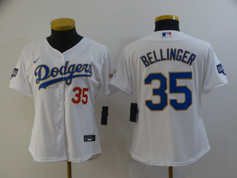 Personalized Women Dodgers 35 Cody Bellinger White Women 2021 Gold Program Cool Base Jersey