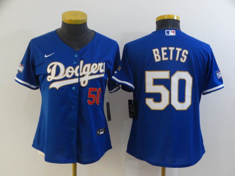 Personalized Women Dodgers 50 Mookie Betts Royal blue Women 2021 Gold Program Cool Base Jersey