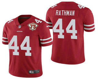 Personalized Men’s San Francisco 49ers #44 Tom Rathman Red 75th Anniversary Patch 2021 Untouchable Stitched Limited Jersey