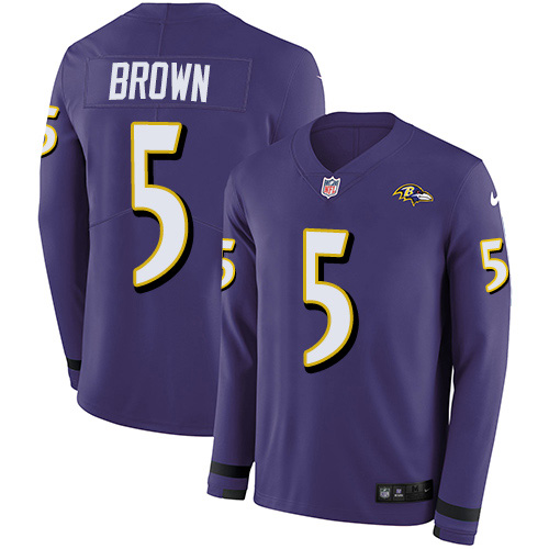 Personalized Ravens #15 Marquise Brown Purple Team Color Men’s Stitched NFL Limited Therma Long Sleeve Jersey