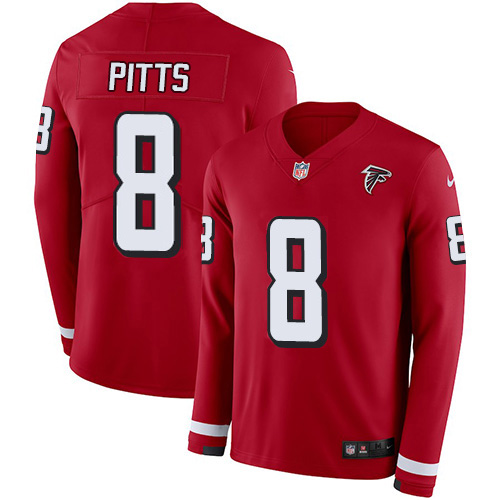 Personalized Falcons #8 Kyle Pitts Red Team Color Men’s Stitched NFL Limited Therma Long Sleeve Jersey