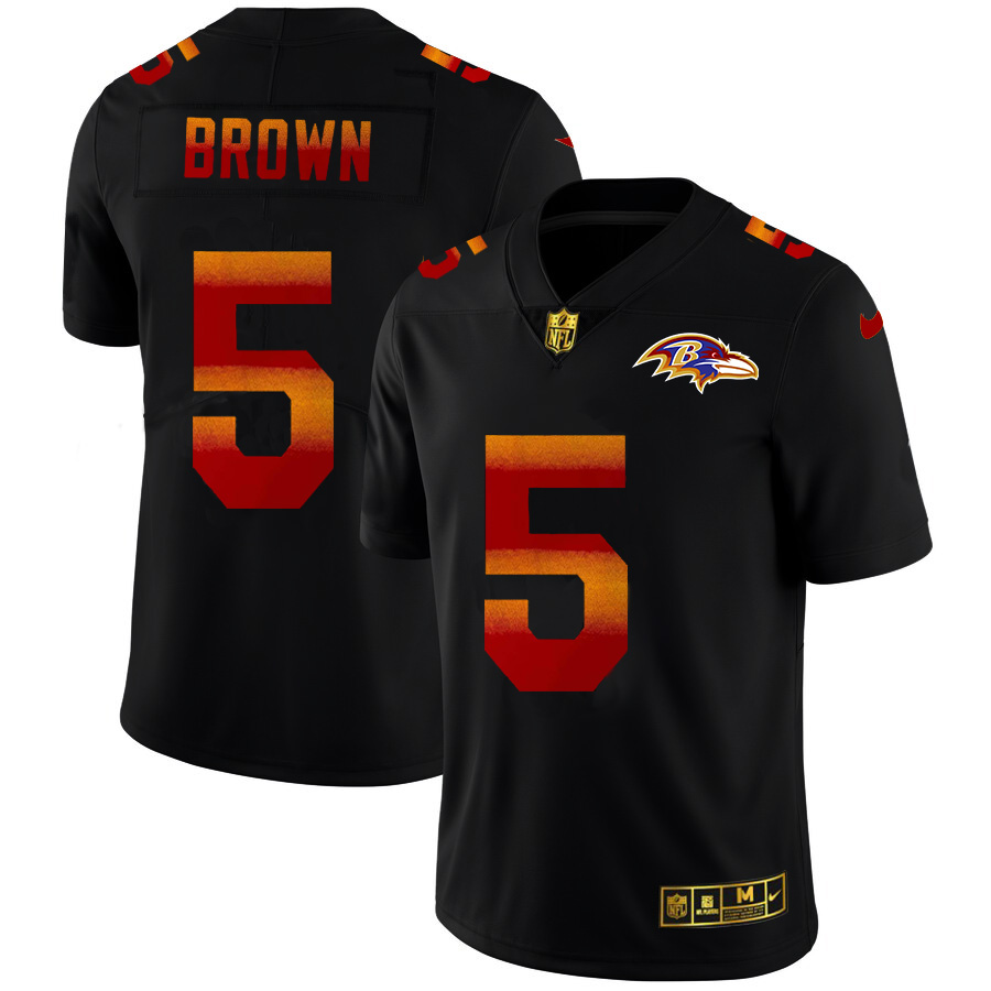 Personalized Baltimore Ravens #5 Marquise Brown Men’s Black Red Orange Stripe Limited NFL Jersey