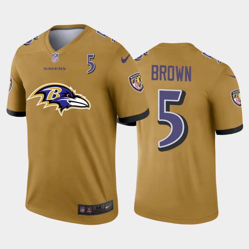 Personalized Baltimore Ravens #5 Marquise Brown Gold Men’s Big Team Logo Player Limited NFL Jersey