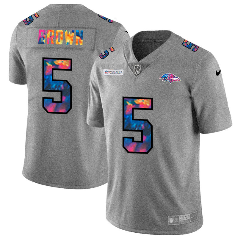 Personalized Baltimore Ravens #5 Marquise Brown Men’s Multi-Color 2020 NFL Crucial Catch NFL Jersey Greyheather