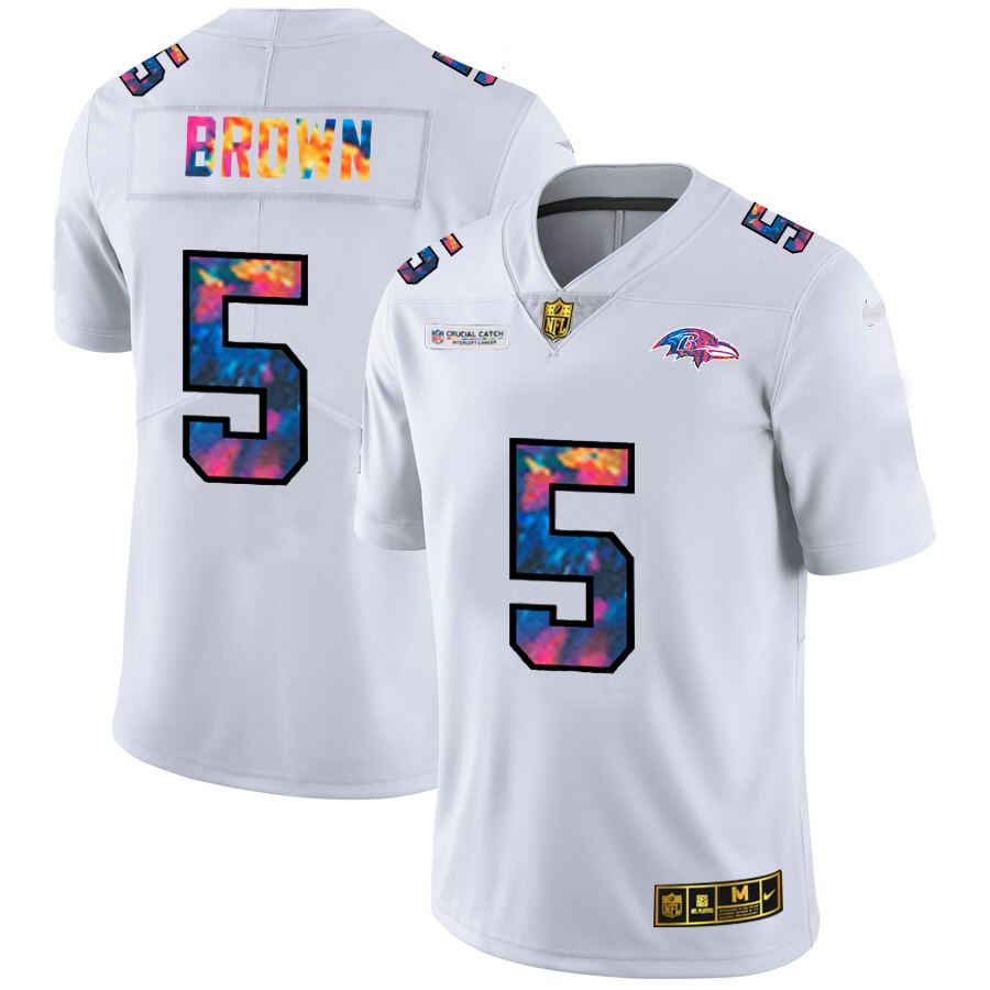 Personalized Baltimore Ravens #5 Marquise Brown Men’s White Multi-Color 2020 NFL Crucial Catch Limited NFL Jersey