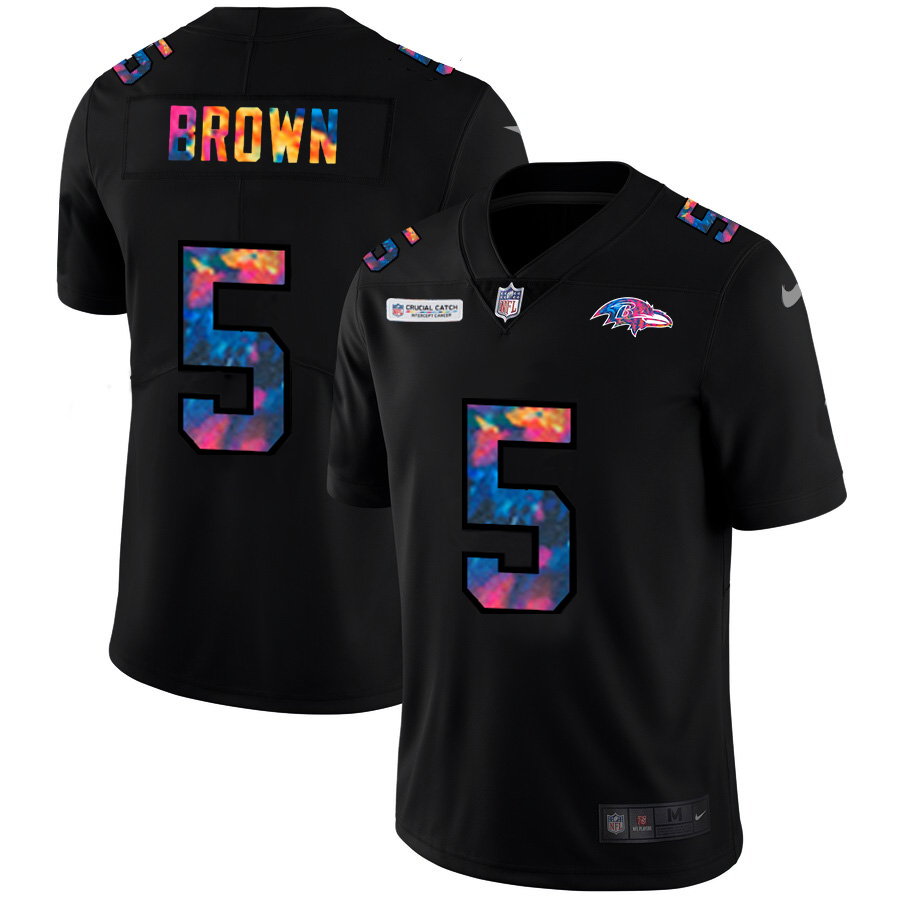 Personalized Baltimore Ravens #5 Marquise Brown Men’s Multi-Color Black 2020 NFL Crucial Catch Untouchable Limited Jersey