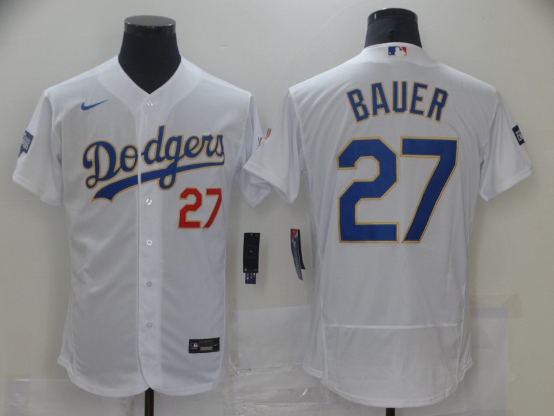 Personalized Dodgers 27 Trevor Bauer White 2021 Gold Program Flexbase Jersey
