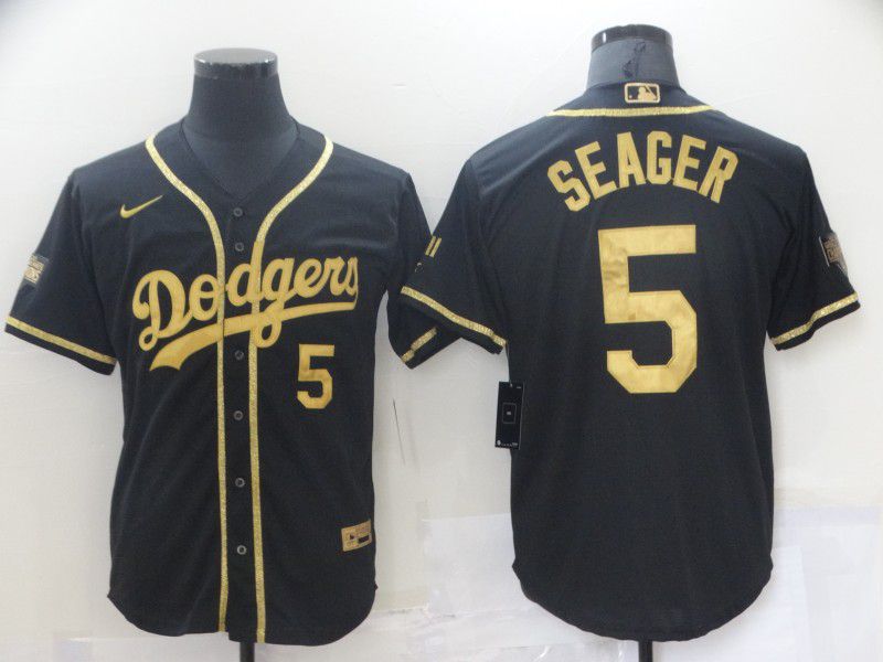 Personalized Men’s Los Angeles Dodgers #5 Corey Seager Black Gold Stitched MLB Cool Base Jersey