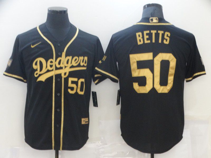 Personalized Men’s Los Angeles Dodgers #50 Mookie Betts Black Gold Stitched MLB Cool Base Jersey