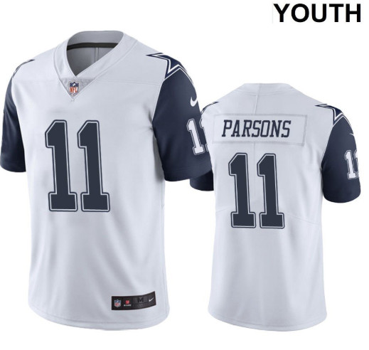 Personalized Youth Dallas Cowboys #11 Micah Parsons Jersey White Color Rush Jersey