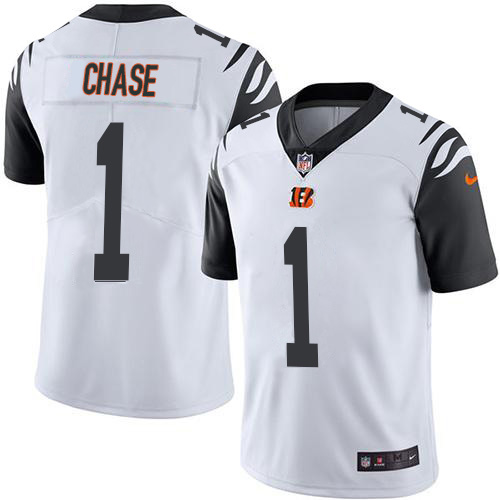 Personalized Bengals #1 Ja’Marr Chase White Men’s Stitched NFL Limited Rush Jersey