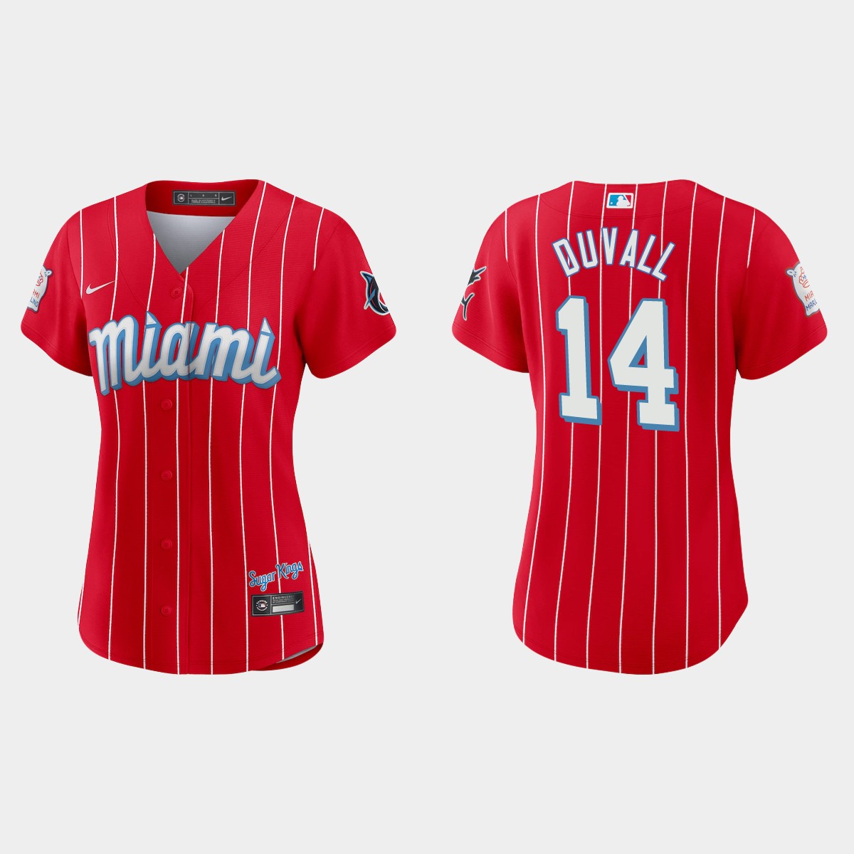 Personalized Miami Marlins #14 Adam Duvall Women’s 2021 City Connect Authentic MLB Jersey Red