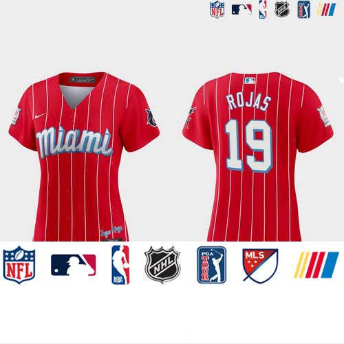 Personalized Miami Marlins #19 Miguel Rojas Women’s 2021 City Connect Authentic MLB Jersey Red