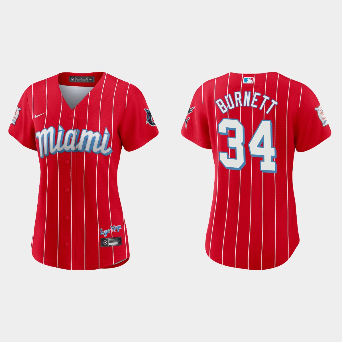 Personalized Miami Marlins #34 A.J. Burnett Women’s 2021 City Connect Authentic MLB Jersey Red