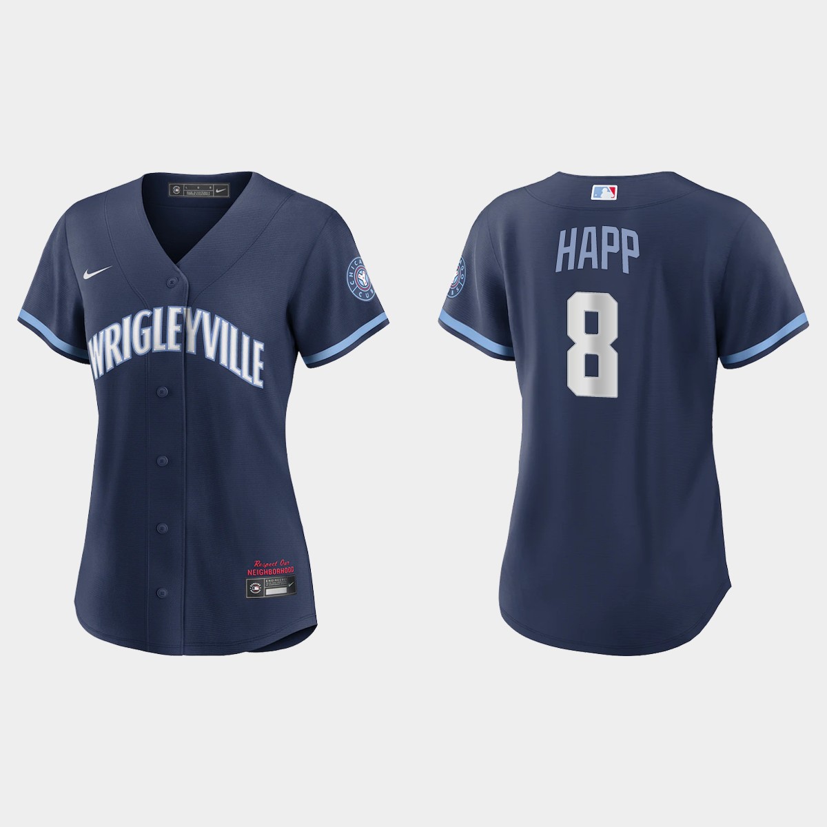Personalized Chicago Cubs #8 Ian Happ Women’s 2021 City Connect Navy MLB Jersey