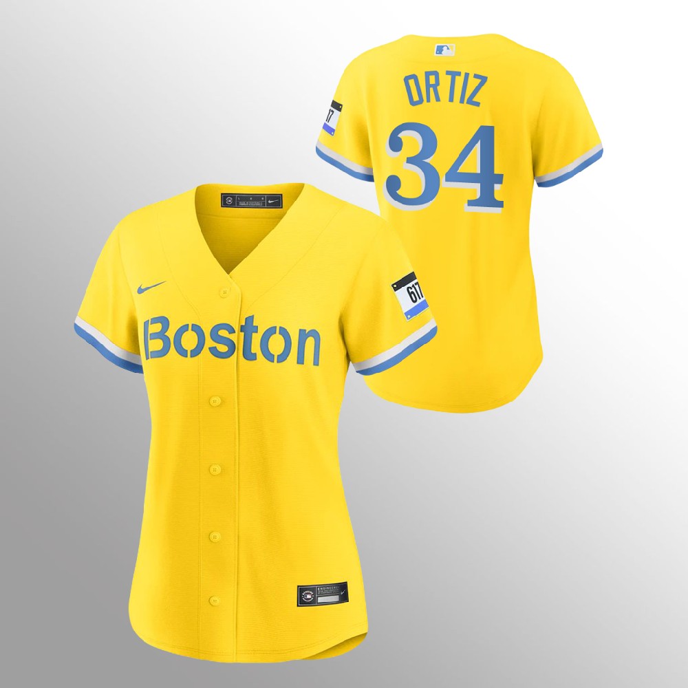 Personalized Boston Red Sox #34 David Ortiz Women’s 2021 City Connect Gold Fans Version MLB Jersey