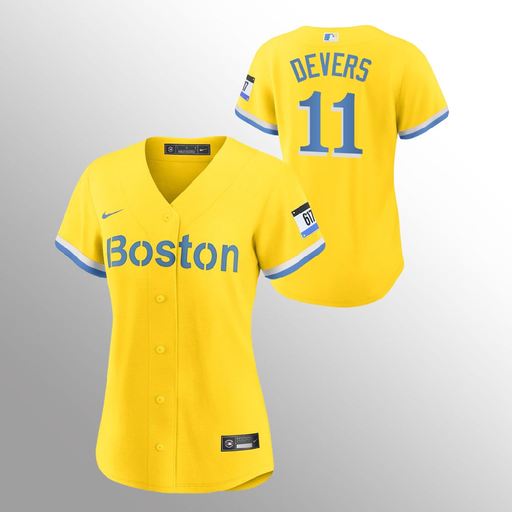 Personalized Boston Red Sox #11 Rafael Devers Women’s 2021 City Connect Gold Fans Version MLB Jersey