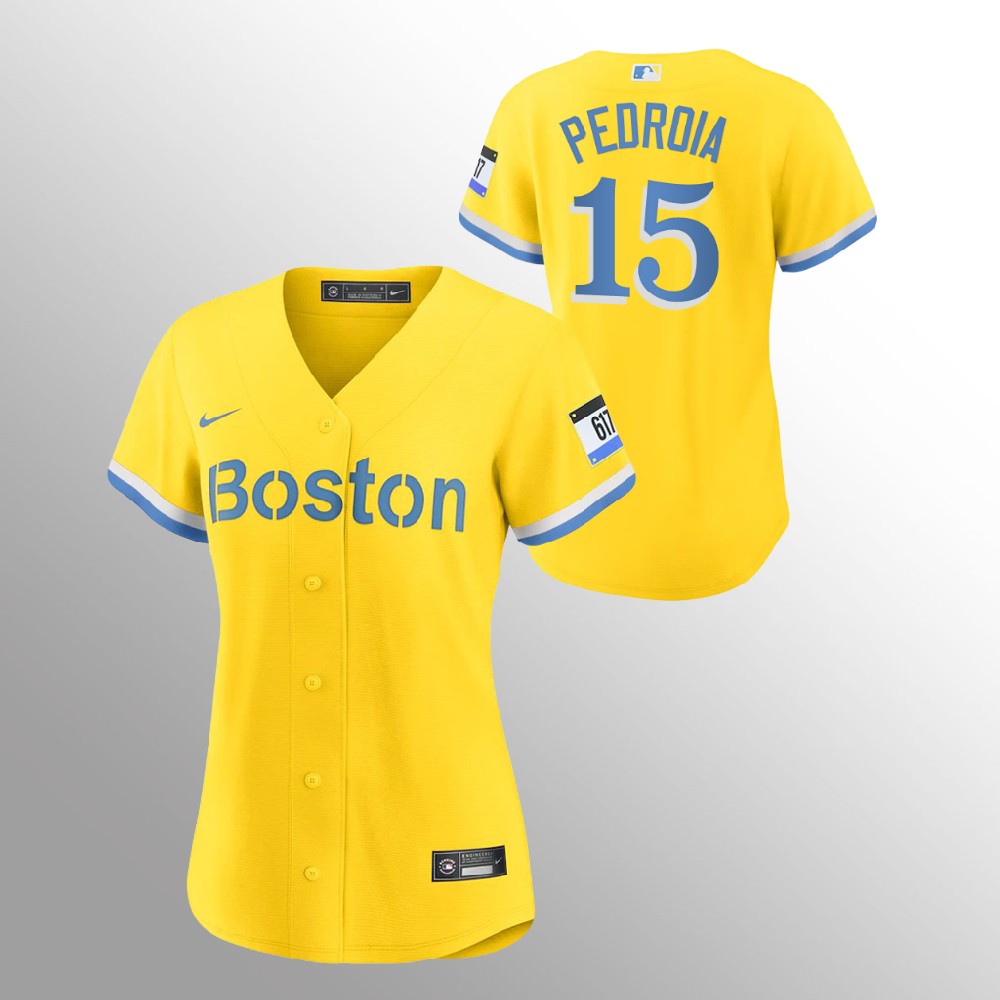 Personalized Boston Red Sox #15 Dustin Pedroia Women’s 2021 City Connect Gold Fans Version MLB Jersey