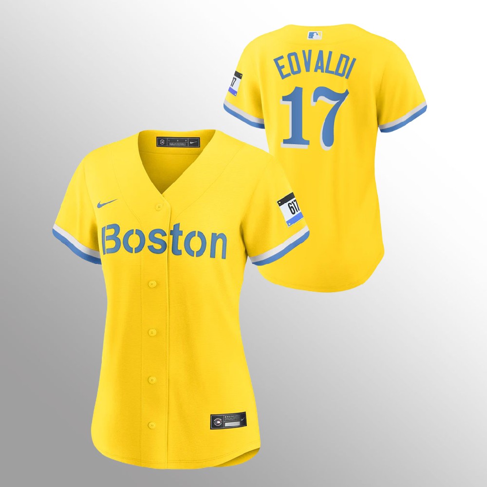 Personalized Boston Red Sox #17 Nathan Eovaldi Women’s 2021 City Connect Gold Fans Version MLB Jersey