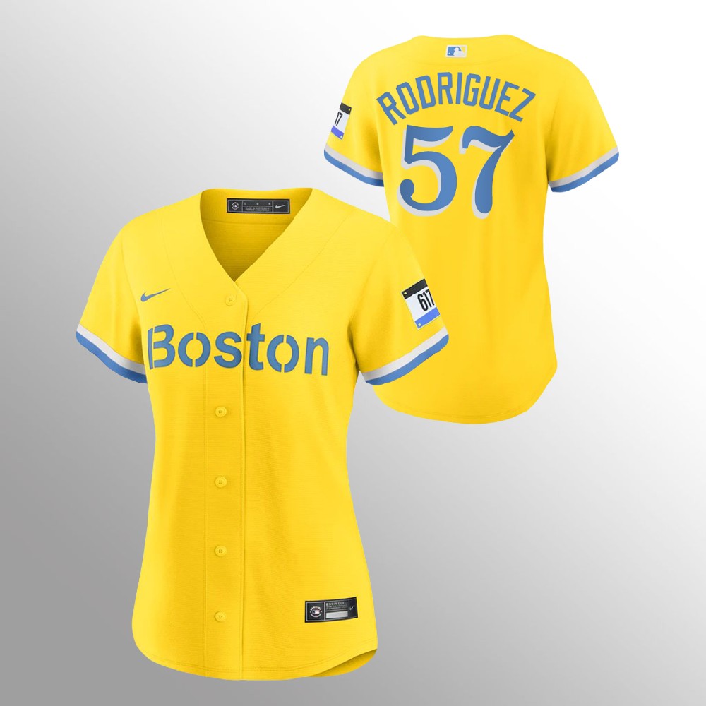Personalized Boston Red Sox #57 Eduardo Rodriguez Women’s 2021 City Connect Gold Fans Version MLB Jersey