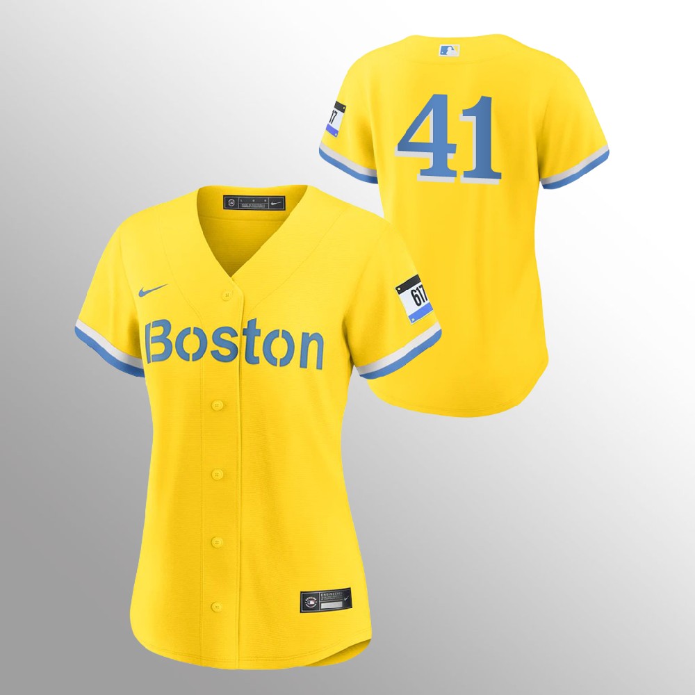 Personalized Boston Red Sox #41 Chris Sale Women’s 2021 City Connect Gold Fans Version MLB Jersey – No Name