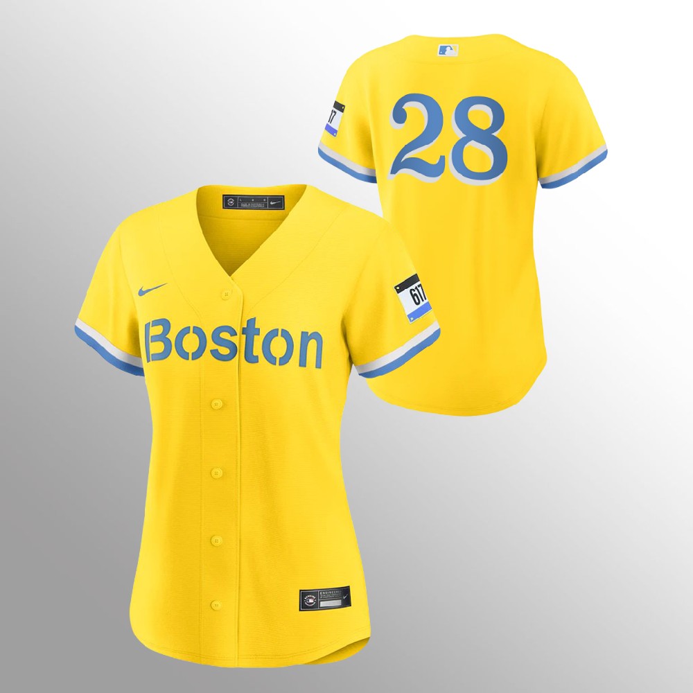 Personalized Boston Red Sox #28 J.D. Martinez Women’s 2021 City Connect Gold Fans Version MLB Jersey – No Name