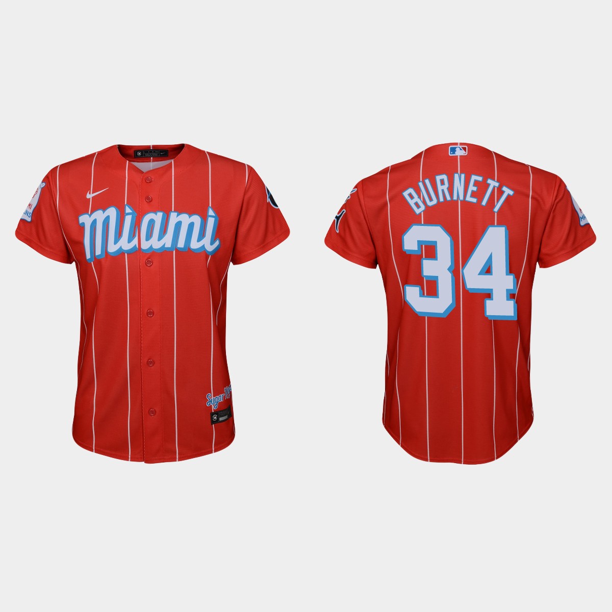 Personalized Miami Marlins #34 A.J. Burnett Youth 2021 City Connect Authentic MLB Jersey Red