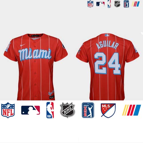 Personalized Miami Marlins #24 Jesus Aguilar Youth 2021 City Connect Authentic MLB Jersey Red