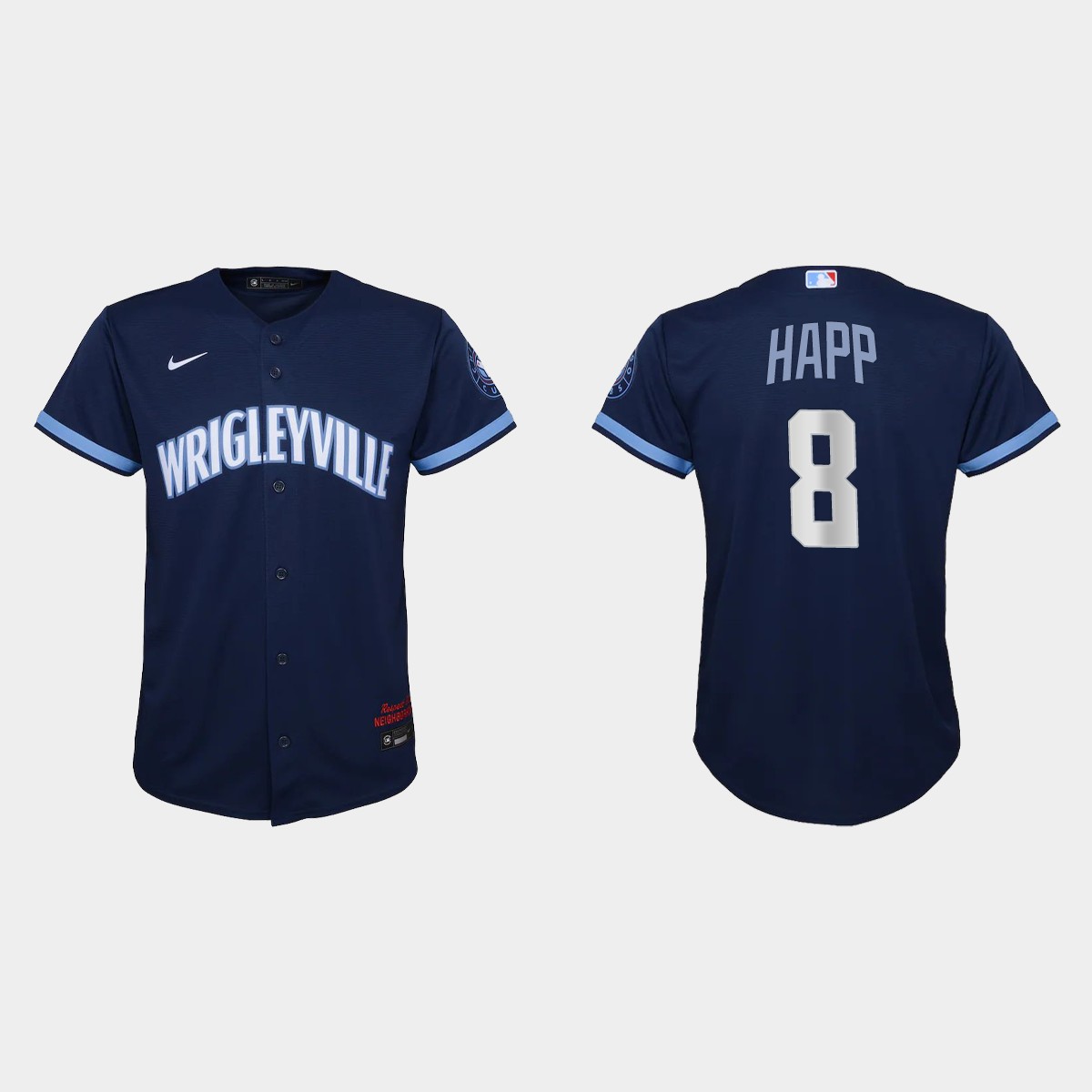 Personalized Chicago Cubs #8 Ian Happ Youth 2021 City Connect Navy MLB Jersey