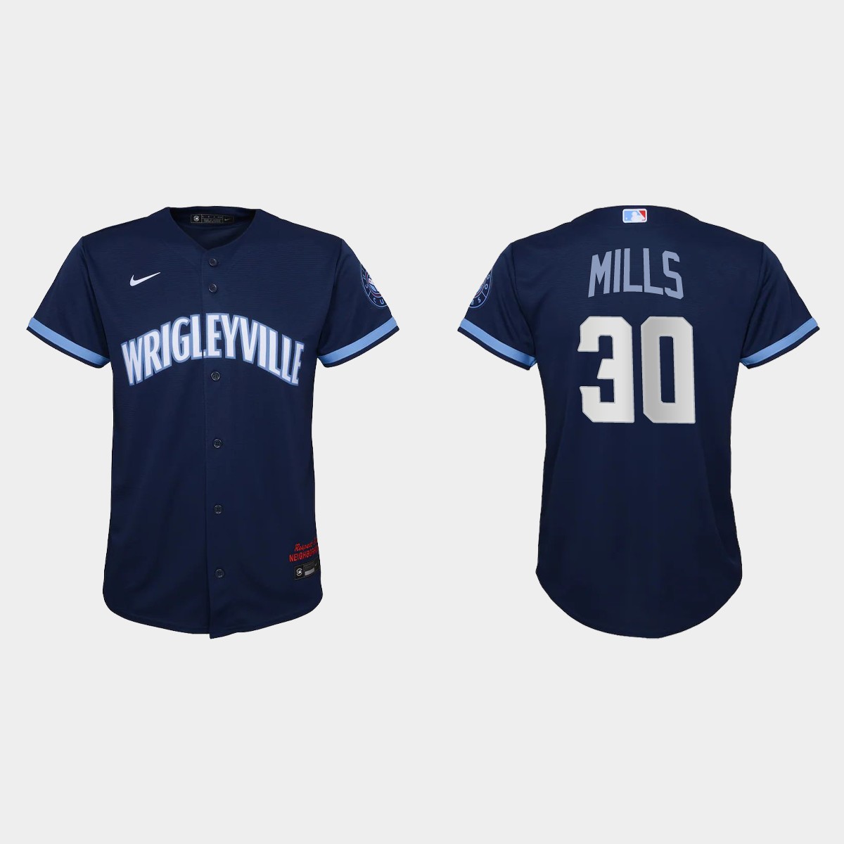 Personalized Chicago Cubs #30 Alec Mills Youth 2021 City Connect Navy MLB Jersey
