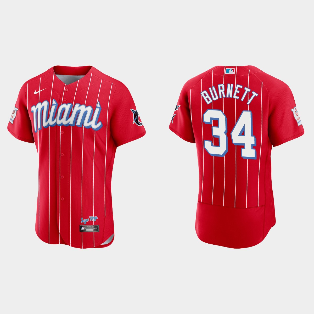 Personalized Miami Marlins #34 A.J. Burnett Men’s 2021 City Connect Authentic MLB Jersey Red