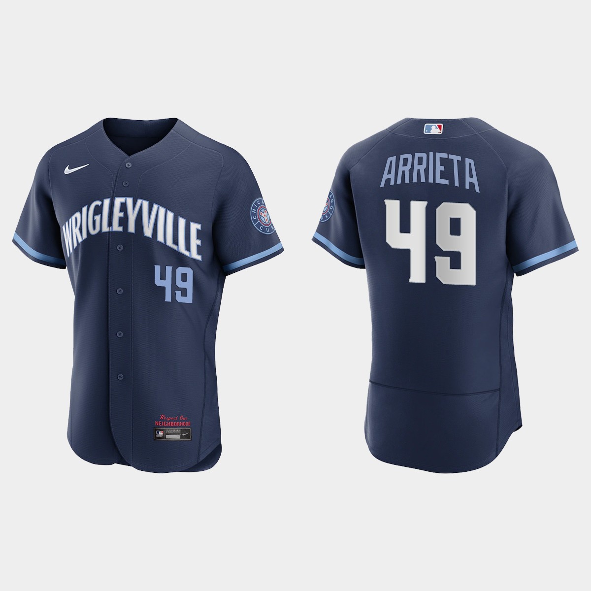 Personalized Chicago Cubs #49 Jake Arrieta Men’s 2021 City Connect Authentic Navy MLB Jersey